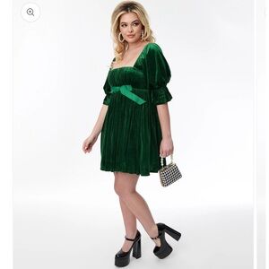Unique Vintage Green Pleated Puff Sleeve Sundress